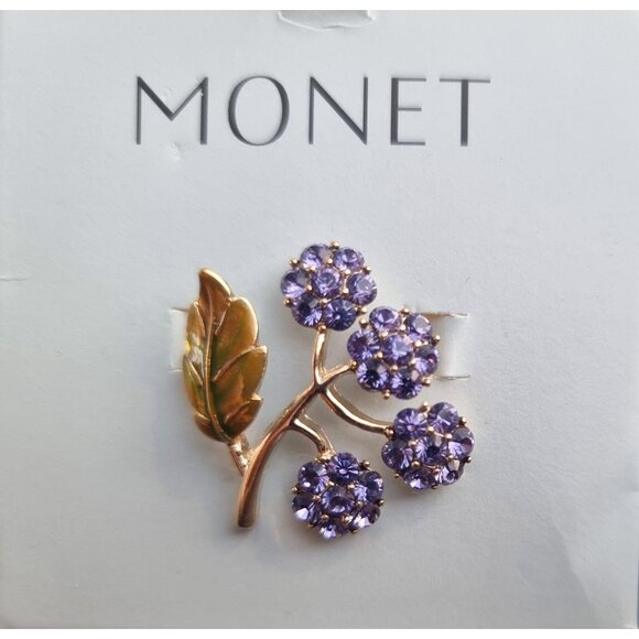 Vintage MONET Signed Purple Violet Rhinestones Flowers Green Leaf Brooch Pin